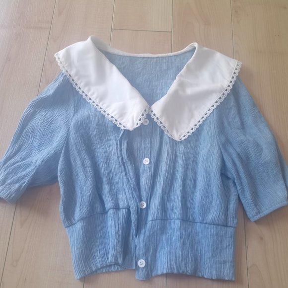 contrast collar puff sleeve blouse - Picture 2 of 7